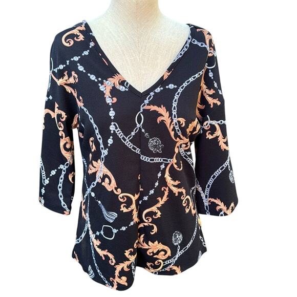 Goddess Flouce V Neck And V Back Black Blouse Women's Size Small - Picture 1 of 11